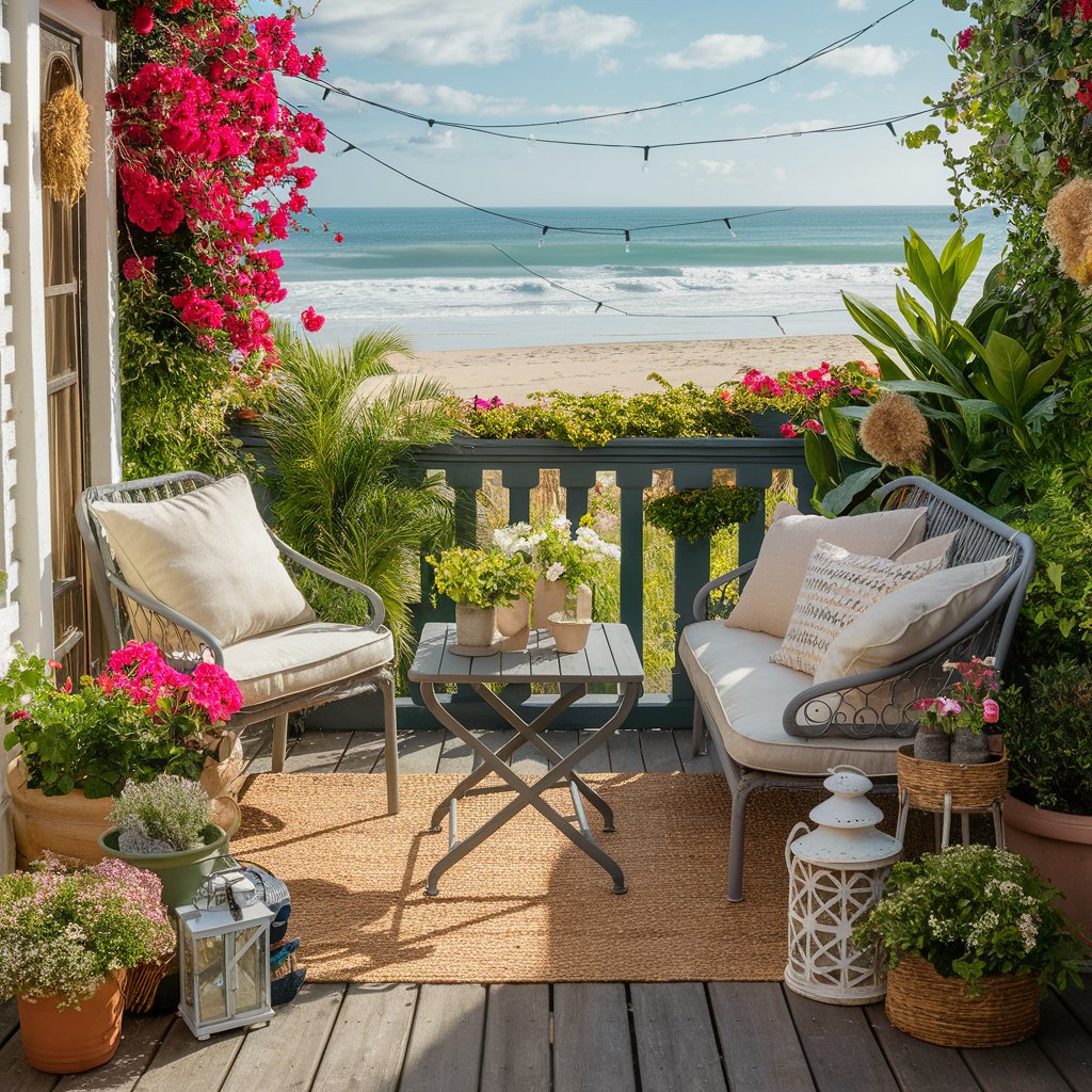 Balcon joliment aménagé avec plantes, lanternes et petit mobilier de jardin